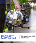 Person carrying a 115V Shallow Well Garden Pump With Stainless Steel Body For Water Transfer And Irrigation using handle.