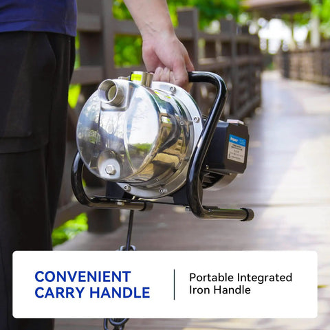 Person carrying a 115V Shallow Well Garden Pump With Stainless Steel Body For Water Transfer And Irrigation using handle.