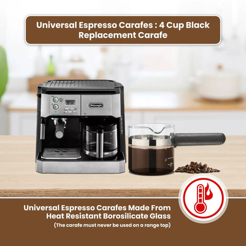 Premium 4 Cup Universal Glass Espresso Carafe Replacement For Home Brews next to espresso machine in kitchen setting