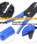 Pro Grade Coaxial Cable Tool Kit 14 Piece With Ratcheting Crimp Pliers, close-up on blue handle and removable die