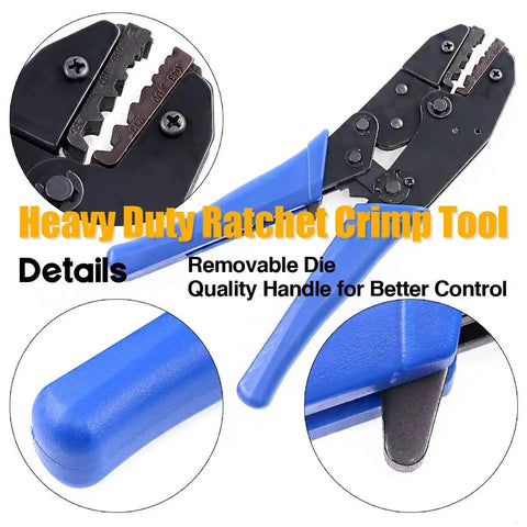 Pro Grade Coaxial Cable Tool Kit 14 Piece With Ratcheting Crimp Pliers, close-up on blue handle and removable die