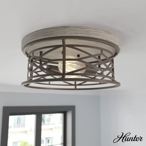 Round Rustic Flush Mount Ceiling Light In Onyx Bengal Finish Dimmable And Medium Size for cozy farmhouse vibe in bathrooms.