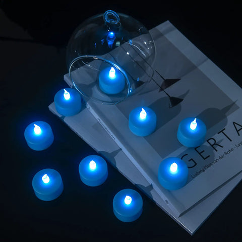 Blue LED Tea Lights 24 Pack Battery Operated Flameless Votive Candles With Realistic Flicker And Long Lasting Up To 200 Hours For Seasonal Decor