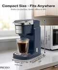 One Touch Single Cup Coffee Brewer With Quick Brew, 12 Oz Grey Coffee Maker on countertop next to microwave, compact design.