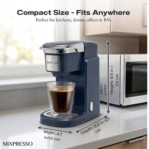 One Touch Single Cup Coffee Brewer With Quick Brew, 12 Oz Grey Coffee Maker on countertop next to microwave, compact design.