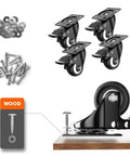 Heavy Duty Swivel Castor Wheels Set Of 4 With Parking Brakes Tough As Nails Rubber Tread Double Ball Bearing, screws and mounting setup.