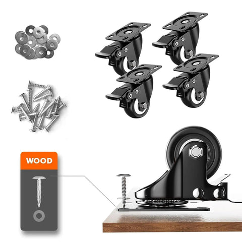 Heavy Duty Swivel Castor Wheels Set Of 4 With Parking Brakes Tough As Nails Rubber Tread Double Ball Bearing, screws and mounting setup.