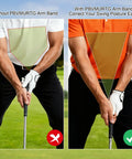 Comparison of golfer's stance with and without Golf Swing Training Arm Band, highlighting elbow alignment for a smooth swing.
