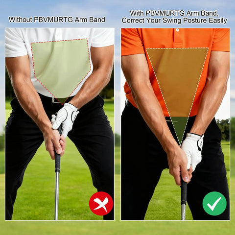 Comparison of golfer's stance with and without Golf Swing Training Arm Band, highlighting elbow alignment for a smooth swing.