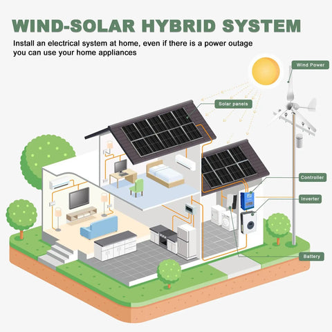 Wind-solar hybrid system setup showing 800W 48V Wind Turbine With Hybrid Charge Controller Kit Three Blade Outdoor Wind Power Generator for home.