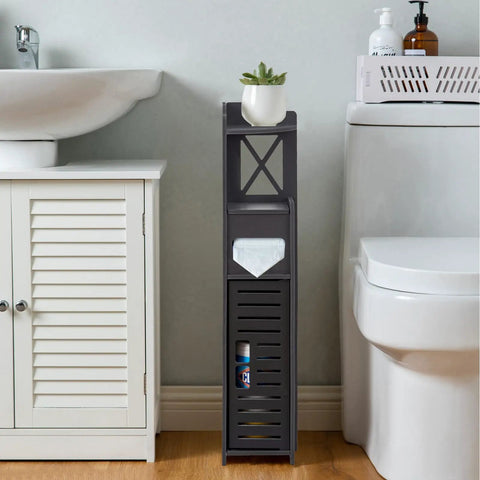 Slim Toilet Paper Storage Cabinet For Tiny Bathrooms, Narrow Corner Shelf with doors in black by sink and toilet