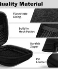 Detailed view of Carry Anywhere EVA Earbud Case With Carabiner showing PU leather, flannelette lining, mesh pocket, and durable zipper.