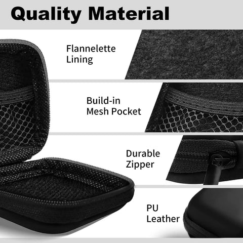 Detailed view of Carry Anywhere EVA Earbud Case With Carabiner showing PU leather, flannelette lining, mesh pocket, and durable zipper.