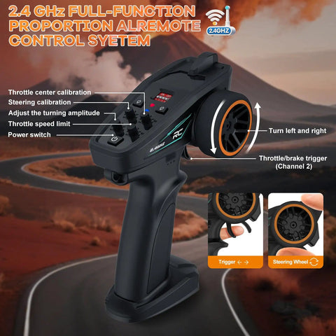 2.4 GHz proportional remote control for Beast Of An All Terrain Off Road RC Car With 4WD, showing controls and features