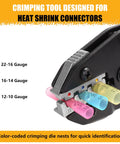 Heavy Duty Ratcheting Wire Crimper For Awg Heat Shrink Connectors with color-coded die nests for 22-10 gauge terminals.