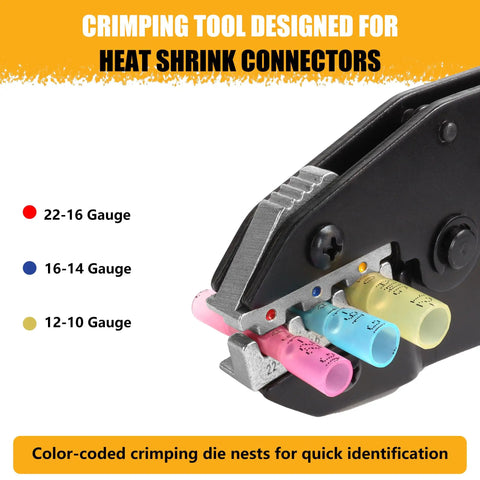 Heavy Duty Ratcheting Wire Crimper For Awg Heat Shrink Connectors with color-coded die nests for 22-10 gauge terminals.