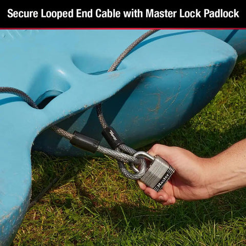 Beefy 15 Foot Looped End Steel Cable For Bikes And Outdoor Gear braided steel with protective coating securing kayak with padlock.