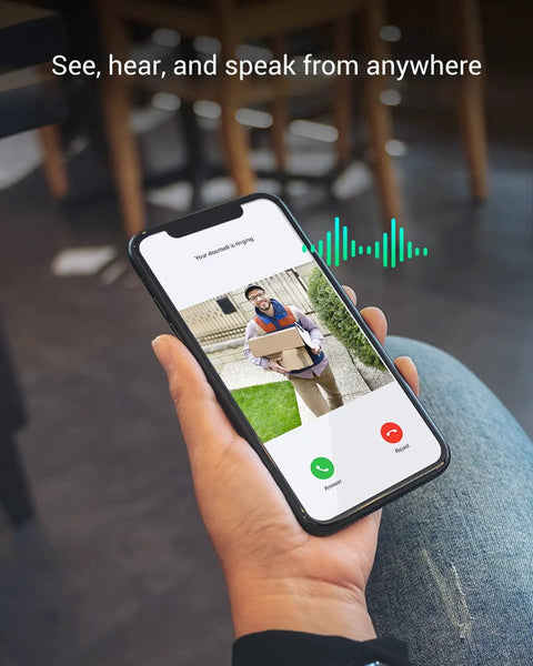 Smartphone showing live feed from 5G WiFi 5MP Video Doorbell Cam With 176 Degree Ultra Wide Field Of View, Two Way Talk in use