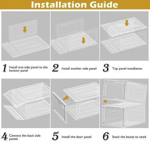 Installation guide steps for Heavy Duty Super Clear Shoe Organizer With Reinforced Magnetic Front Door Stackable Storage Box.