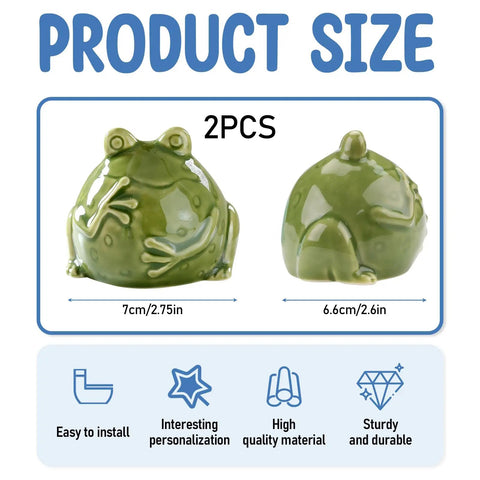 Dang Cute Frog Themed Ceramic Toilet Bowl Bolt Covers Two Piece Kit Rust Resistant with two green frog figures, size 7cm and 6.6cm.