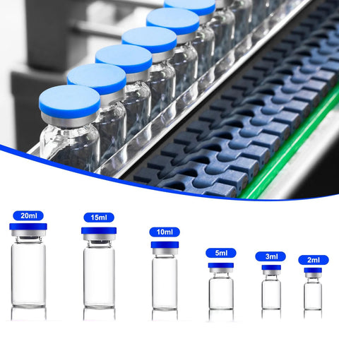 Front view of clear glass injection vials with blue flip-cap lids on a production-line conveyor; sizes 2ml–20ml.