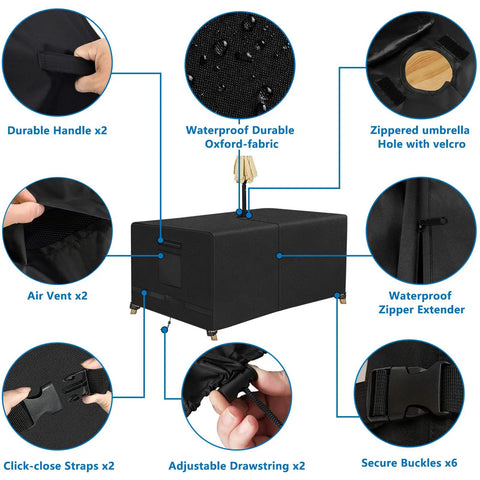 Rectangle Patio Table Cover With Umbrella Hole 88 Inch Long By 58 Inch Wide By 23.6 Inch High Heavy Duty 600D Oxford Fabric features