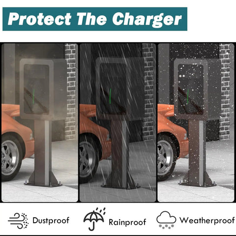 Keep It Square Heavy Duty EV Charger Station Protector All Weatherproof Electrical Enclosure shown in rain and snow protection.