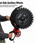 4000 Watt Electric Concrete Saw With 16 Inch Diamond Blade For Wet Or Dry Cutting Zero Downtime Heavy Duty Masonry Cutter, showing dual side auxiliary wheels.