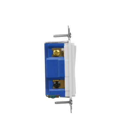 White 15 Amp 120 Volt 4 Way Decorator Switch With Backwire Clamps For 12 And 14 Gauge Wires Ultra Quiet Paddle And Ultrasonic Welded Strap And Body For Easy Install side view