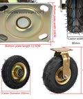 Heavy Duty 10 Inch Caster Set Of 4, Industrial Pneumatic Swivel Wheels With Dual Locking Side Brakes showing detailed dimensions and wheel design.