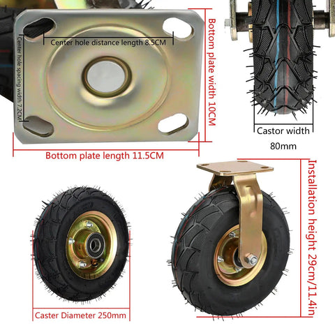 Heavy Duty 10 Inch Caster Set Of 4, Industrial Pneumatic Swivel Wheels With Dual Locking Side Brakes showing detailed dimensions and wheel design.
