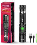 Rechargeable LED Flashlight 1000 Lumens With Dual Switch, Adjustable Focus, USB-C cable, battery, packaging displayed