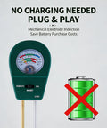 Three In One Soil Test Kit With Moisture Meter PH Meter And Fertility Tester For Gardeners And Home Growers DIY Friendly Ideal For Indoor And Outdoor Plants Lawns And Farms No Battery Required Plug And Play Readouts display showing gauge and crossed out battery icon