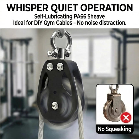 Two Pack 35mm Pulley Block Snatch Block Set Lockable 360 Degree Swivel Beefy Heavy Duty Silent Nylon Wheel With T316 Stainless Steel For Home Gym Cable Machines Hoist Setup And Wire Rigging, 35mm nylon wheel in home gym