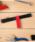Durable Side Mount Scuba Tank Strap Holder on wood table with tools, Tough Rubber, Easy Clip On Oxygen Cylinder Carrier, Red Design