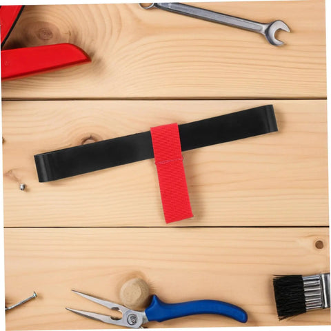 Durable Side Mount Scuba Tank Strap Holder on wood table with tools, Tough Rubber, Easy Clip On Oxygen Cylinder Carrier, Red Design