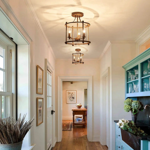 Three Light Farmhouse Vintage Semi Flush Mount Ceiling Light Fixture In Rustic Oil Rubbed Bronze Metal in hallway