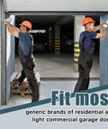Two workers installing a garage door with text indicating fit for residential and light commercial use.