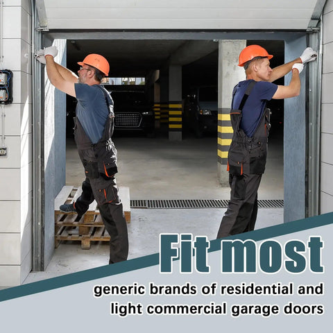 Two workers installing a garage door with text indicating fit for residential and light commercial use.