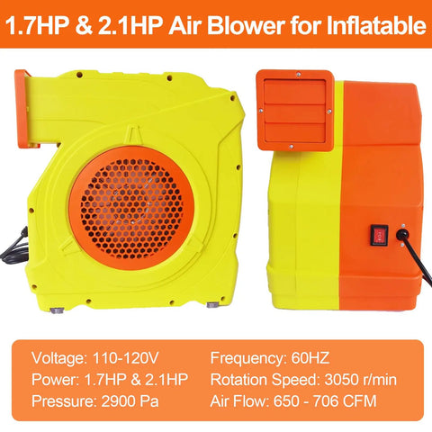 Side view of a Dual Mode 1300W 1600W Commercial Air Blower with 1.7HP and 2.1HP motors for inflatables, showing design and specs.