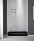 Bathroom showing Shower Niche Storage For Shampoo And Soap, 16 Inch Wide By 14 Inch High By 4 Inch Deep, mounted on white tile wall