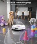 Robot Vacuum And Mop Combo With Self Emptying Station 6000Pa Suction LiDAR Mapping 90 Days Hands Free Cleaning navigating living room with pet and toys.
