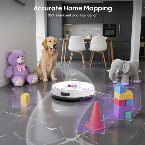 Robot Vacuum And Mop Combo With Self Emptying Station 6000Pa Suction LiDAR Mapping 90 Days Hands Free Cleaning navigating living room with pet and toys.