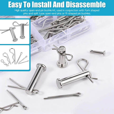 132 Piece Clevis Pin And Cotter Pin Assortment Kit in 304 Stainless Steel with 15 sizes displayed on a table with a clear box.