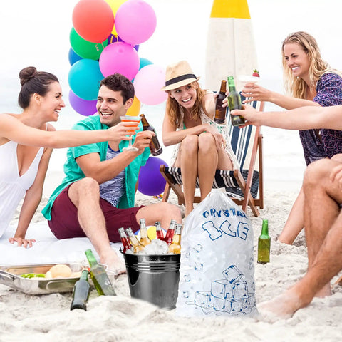 Heavy Duty Ice Bags 10 Lb With Drawstring 50 Count at beach party with drinks and ice bucket