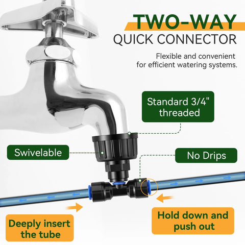 Two-way faucet adapter on 65 Feet Greenhouse Watering System With Adjustable Misting Nozzles, Quick Connect Two Way Faucet Adapter, One Quarter Inch Tubing.