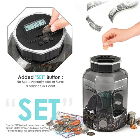 Extra Large Piggy Bank For All US Coins With LCD Digital Counter, 2.4L Capacity, showing coin insertion and digital readout