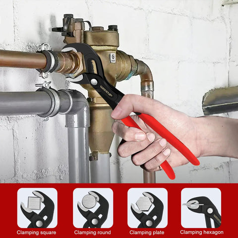 Five Piece Pliers Set In Cr-V Chrome With 7 Inch Channel Locks Pliers in use on a pipe system, showcasing durability and grip