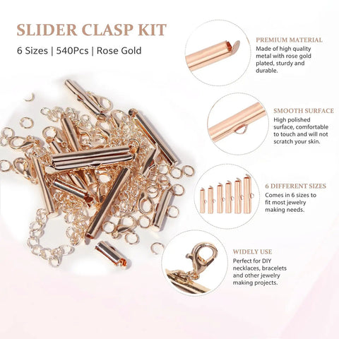 All Size Slider Clasp Jewelry Making Kit in Rose Gold for Dope Beading and Bead Loom Projects with metal components displayed