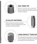 Close-up of Heavy Duty Extra Long Torx Security Bit Set, S2 steel tip, designed for tight jobs, with magnetic hex shank.